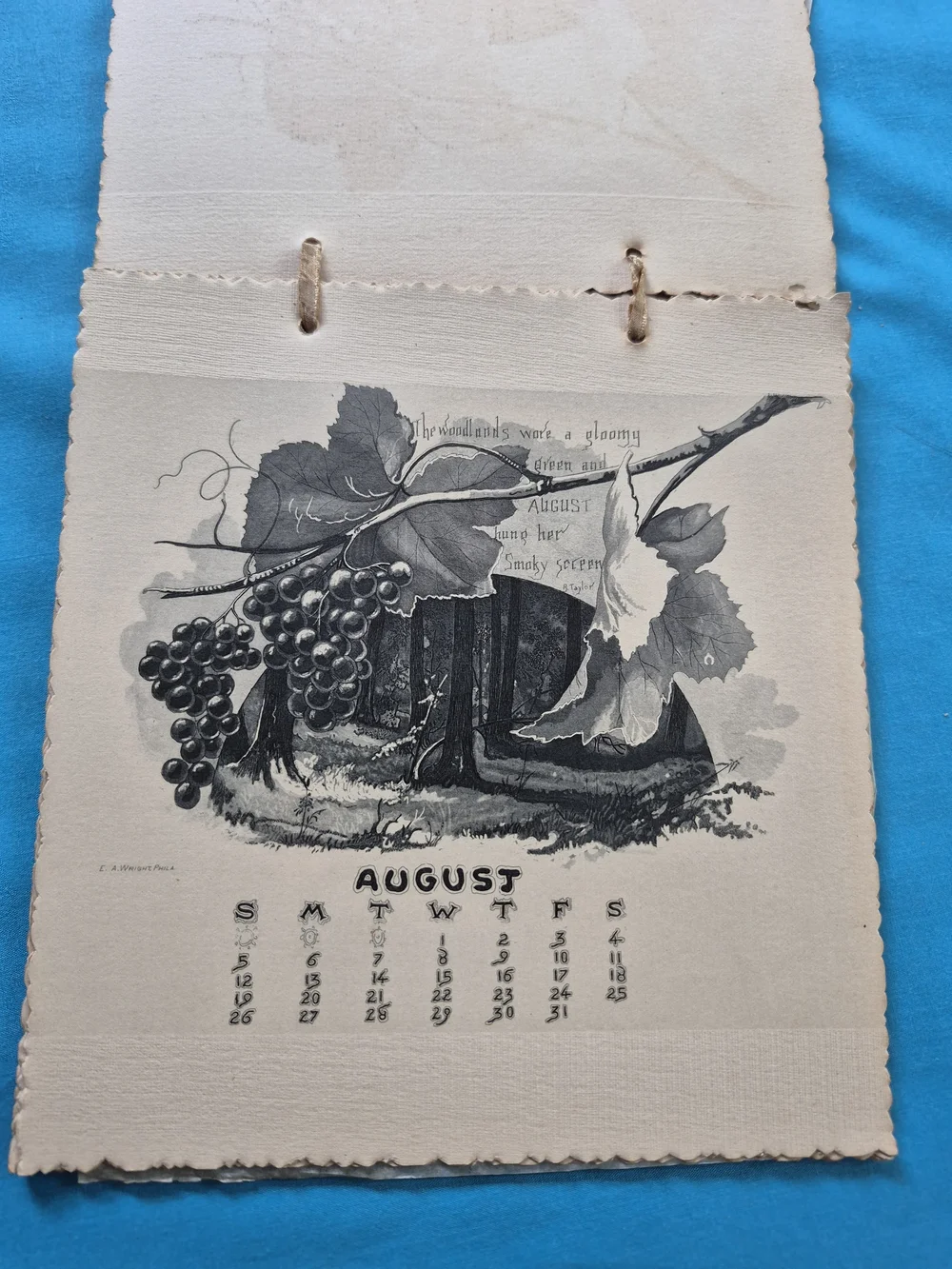 Antique 1888 Calendar 12 Pages Black & White E.A. Wright Philadelphia Engraver